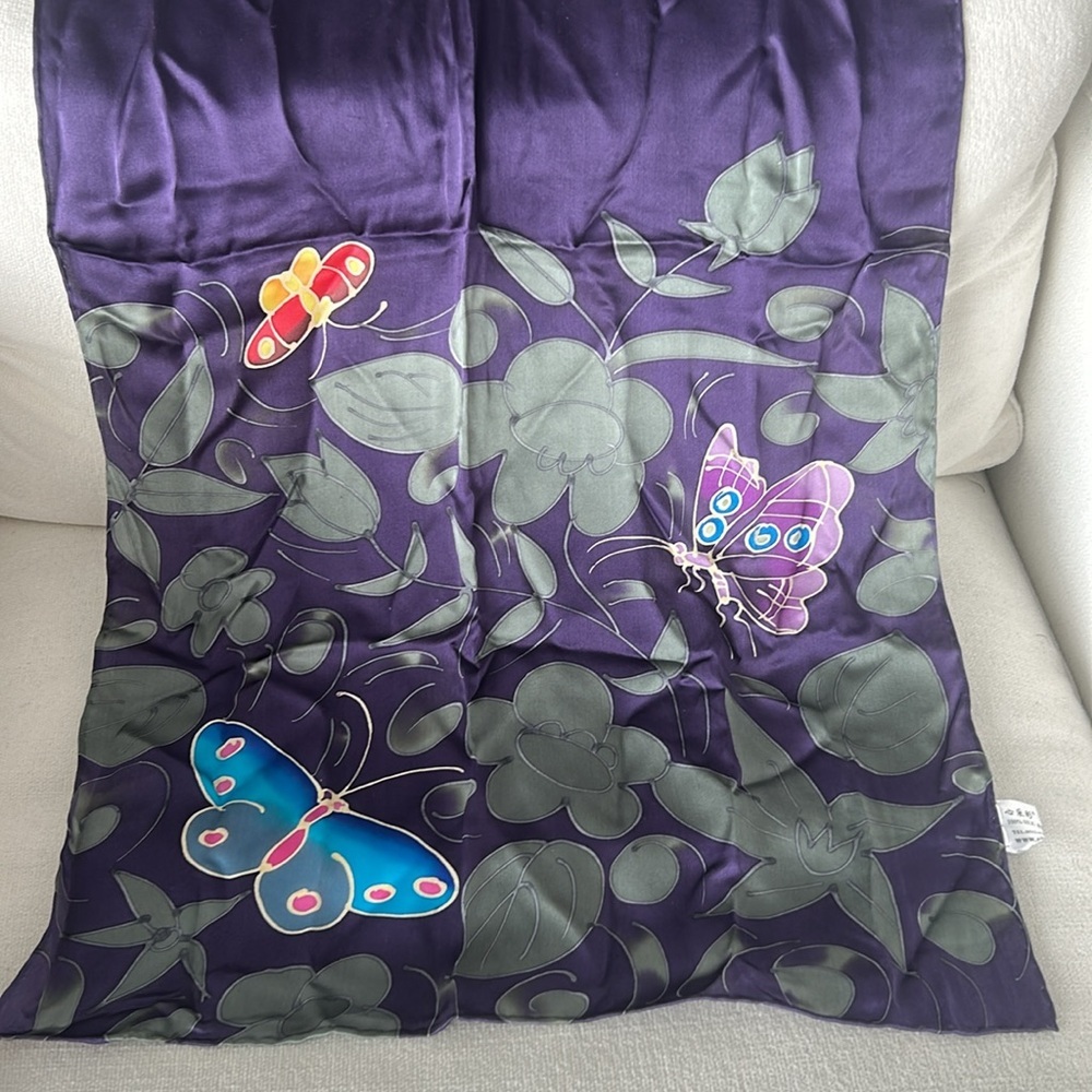 Silk Scarf with Hand Painted Butterfly Design - Picture 3 of 6
